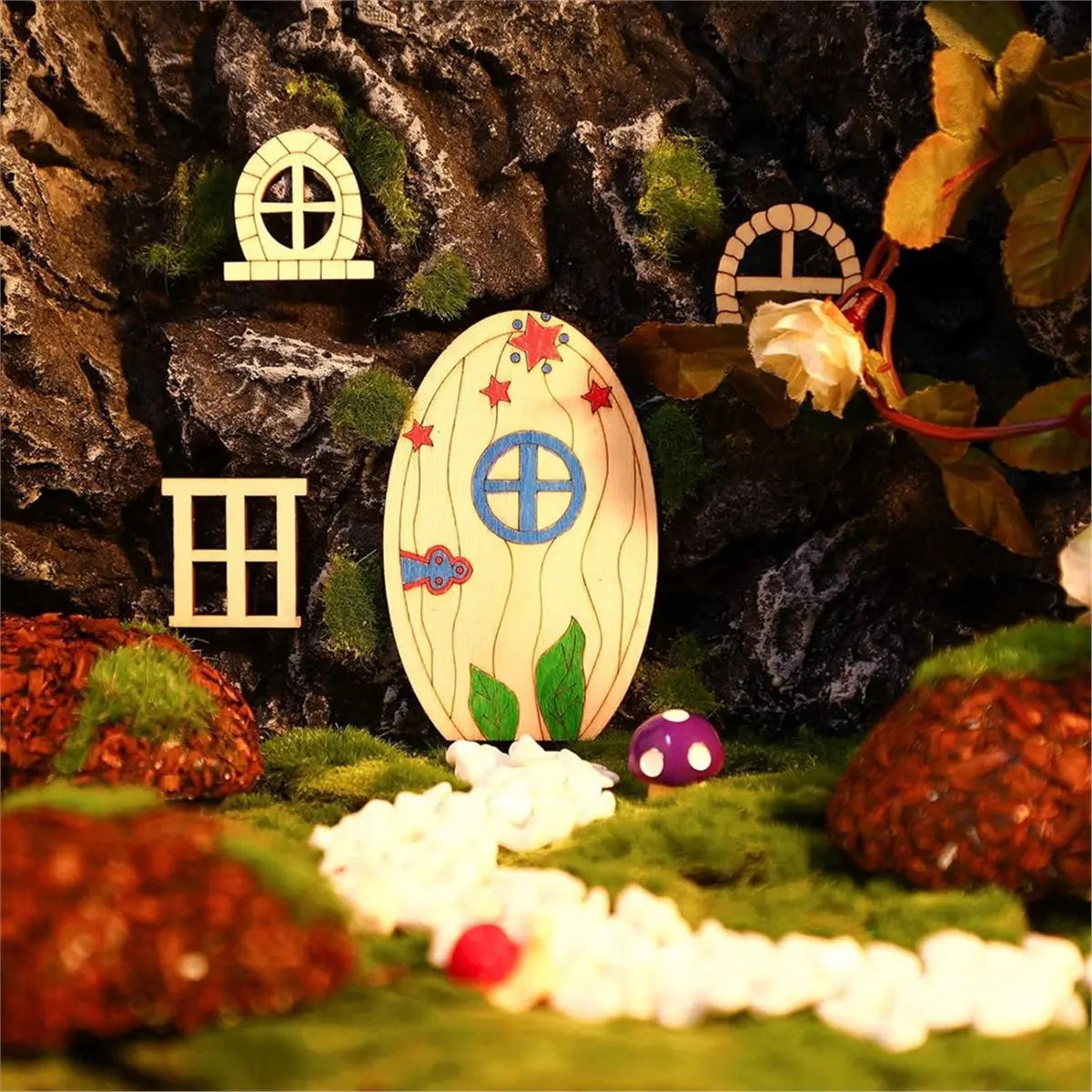 A50U 64 Pcs Fairy Door Mini Wooden Garden Doors Unfinished DIY Craft Fairy House Kit Unpainted Wood Miniature Blank Window