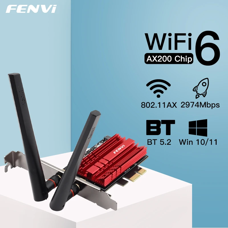 FENVI adaptor WiFi nirkabel PCIE, kartu WiFi 3000Mbps 6 AX200 802.11ax Dual Band 2.4G/5Ghz Untuk Desktop Bluetooth 5.2 Win10/11