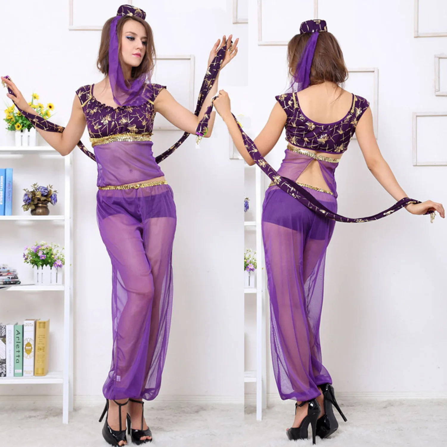 PURPLE NATIVE GENIE BOLLYWOOD JASMINE GENIE ARABIAN PRINCESS LADIES FANCY DRESS COSTUME May K. Wish Genie 3pc Costume Wome