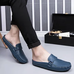 2023 Men Half Shoes Casual Luxury Brand Italian Handmande Slipon Men Driving Shoes Leather Summer Comfort Slippers Loafers White