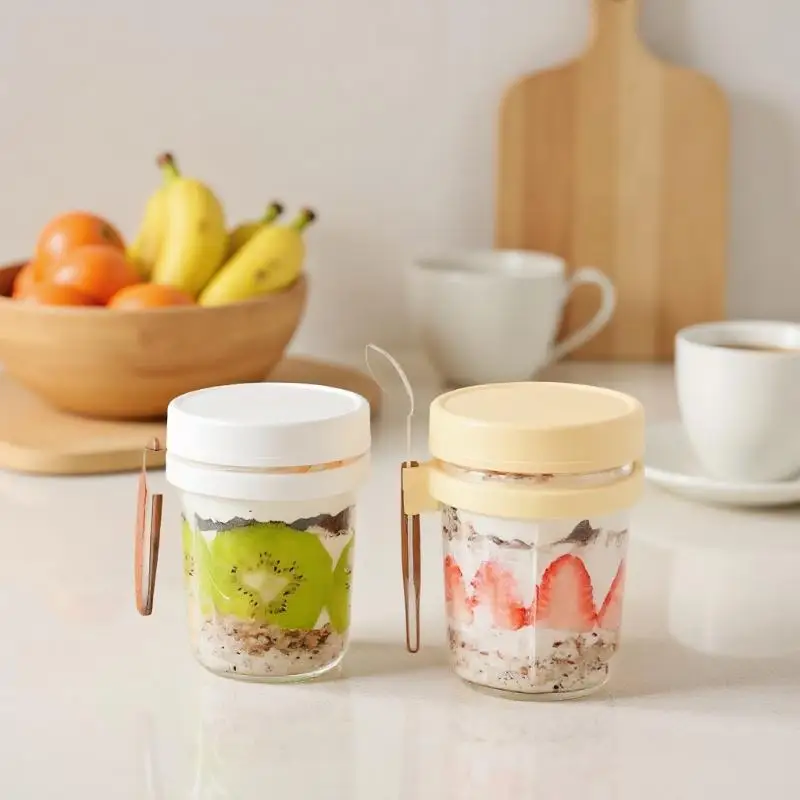 Tarro de cristal reutilizable para avena durante la noche, contenedor de avena durante la noche con cuchara, vajilla para exteriores, 350ml, 1/2 Uds.