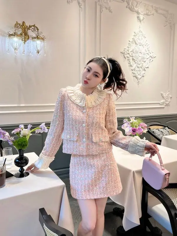 Rich Lady Style Elegant Two-Piece Tweed Set for Women Feamle: Autumn and Winter New Fashionable Coat and Skirt High Quality