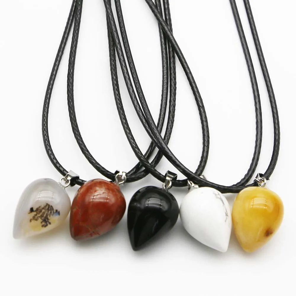 Natural Stone Water Drop Multicolor Leather Rope Necklace Pendant Reiki Charm Jewelry Accessories Wholesale Festival Gifts 10PCS
