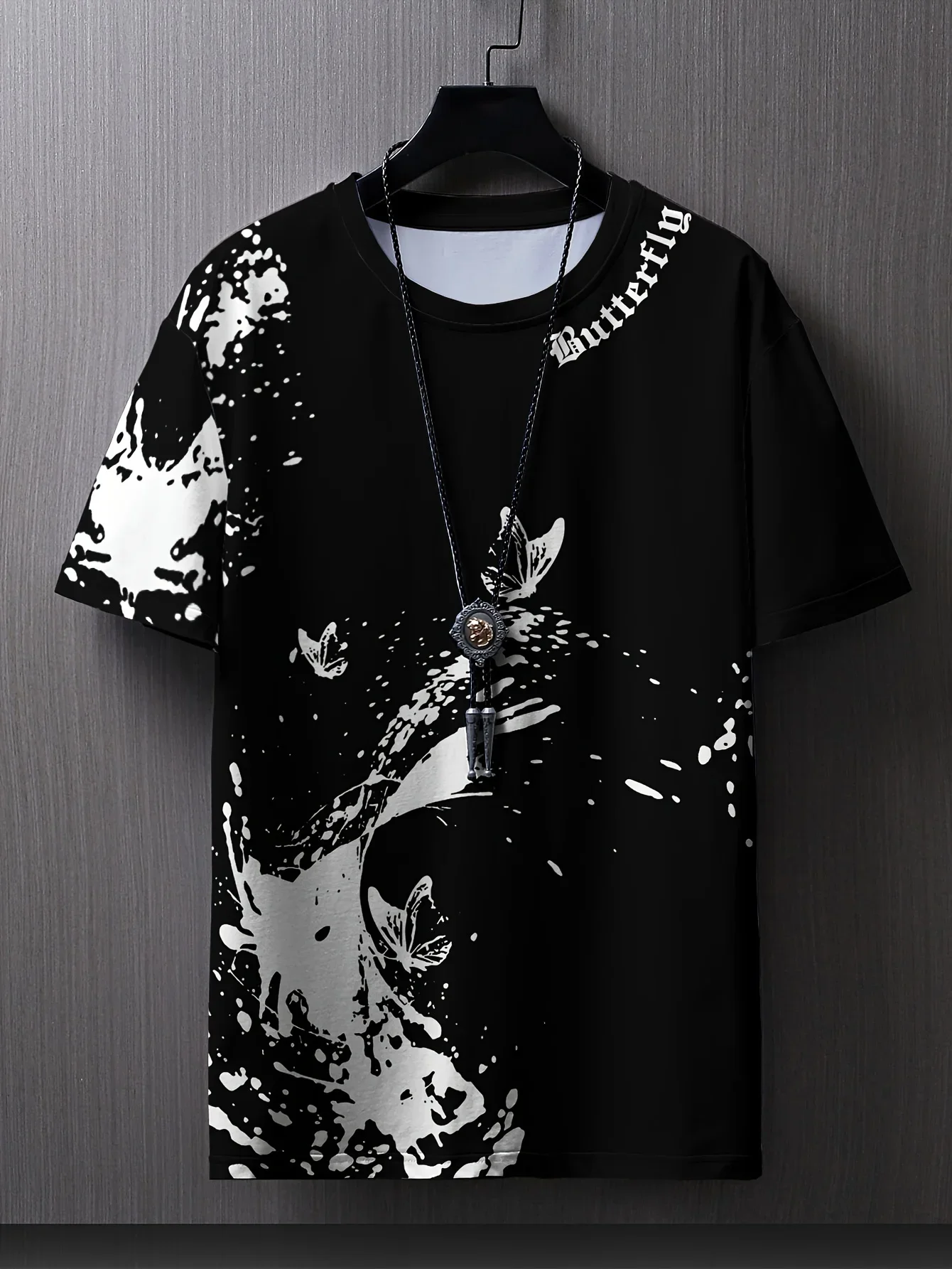 Men's Ink Splash Butterfly Print T-Shirt Casual O-Neck Short Sleeve Gothic Style Graphic Tee Summer Streetwear Tops