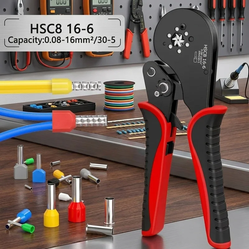 HSC8 16-6 Ferrule Crimping Tool 0.08-16mm² Self Adjusting Ratchet Hexagonal Wire Terminal Crimper Pliers for Electrical Repair