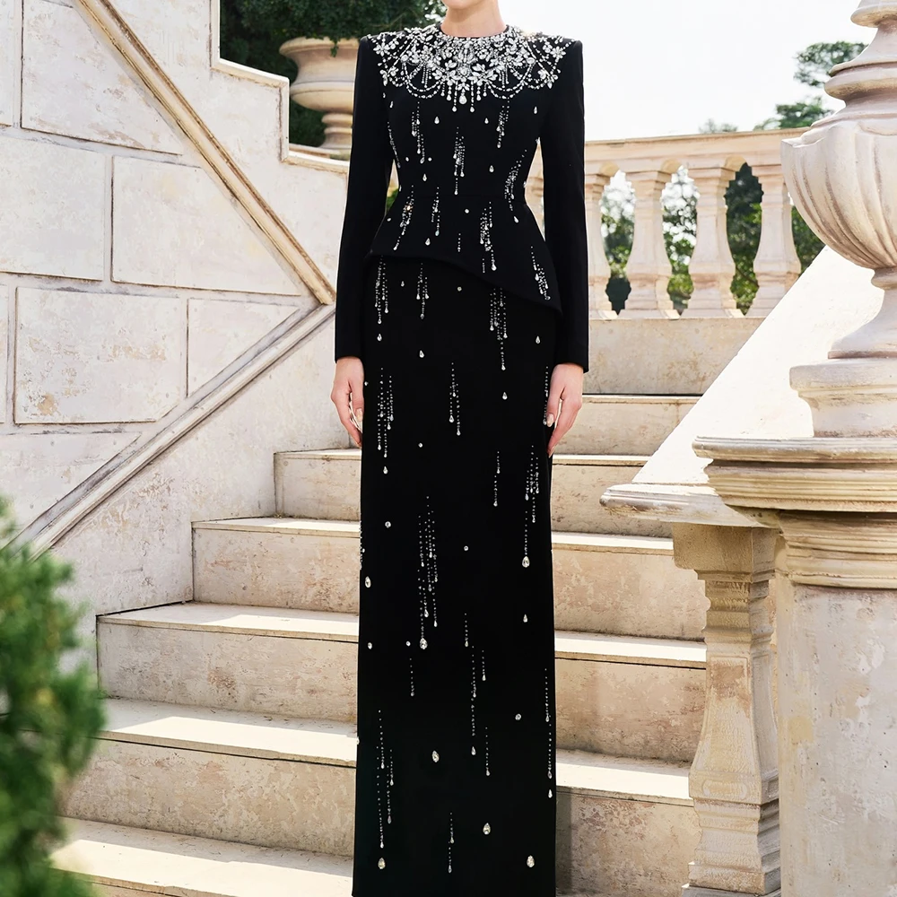 맞춤형 고급스러운 스트레이트 이브닝 드레스 바닥 길이 하이넥 풀 슬리브 프롬 가운 심플 패션 크리스탈 파티 가운