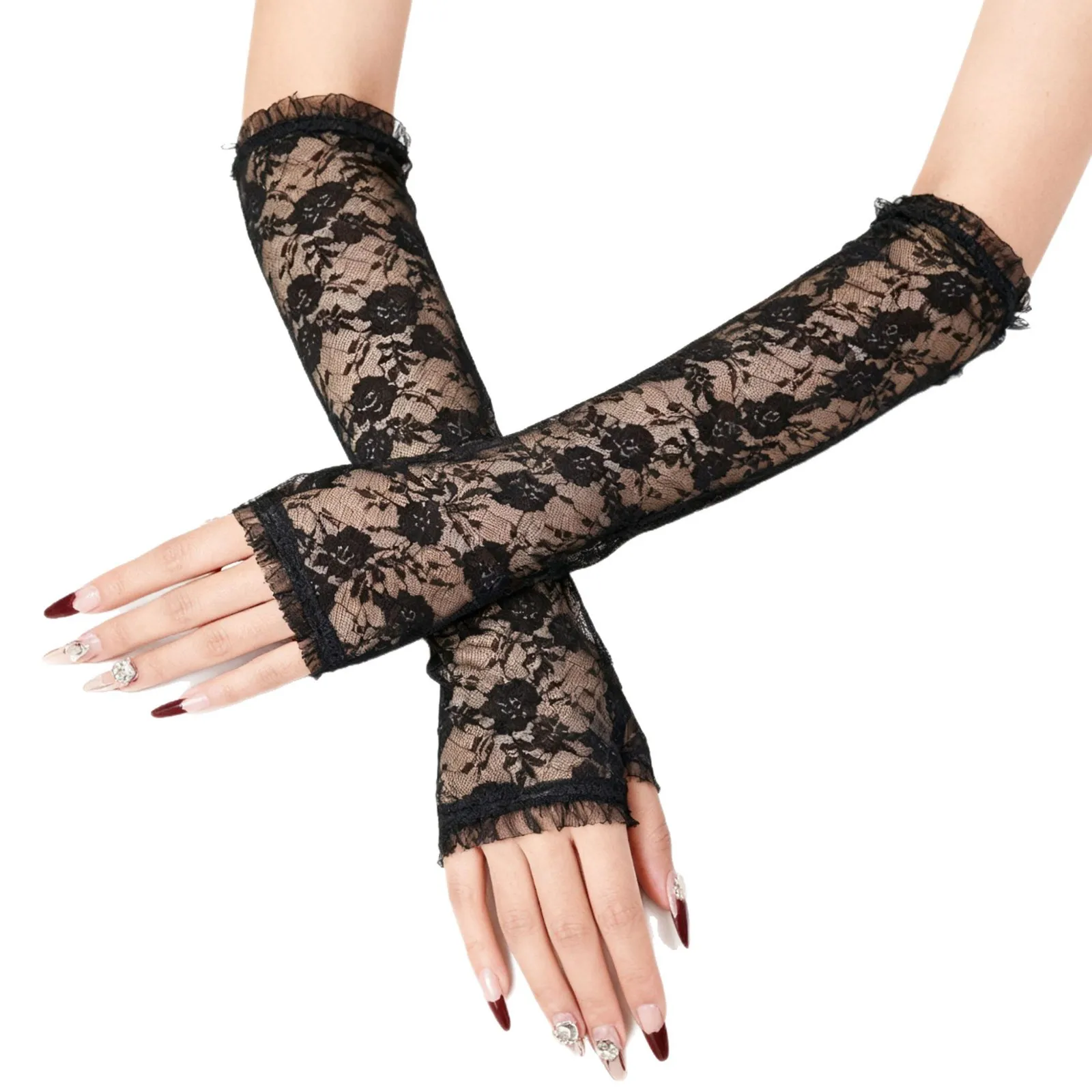 Black Rose Lace Long Arm Sleeves Gloves Women Elegant Sun Protection Vintage Lolita Party Stage Performance Accessory Airy Comfy