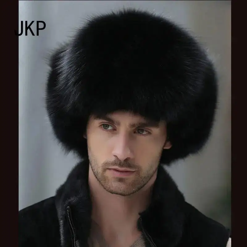 

JKP 2025 зимние шапки из натурального серебряного лисьего меха, мужская кепка Lei Feng из натурального меха енота для русского сохраняющего тепло, кожаная шапка-бомбер 1002