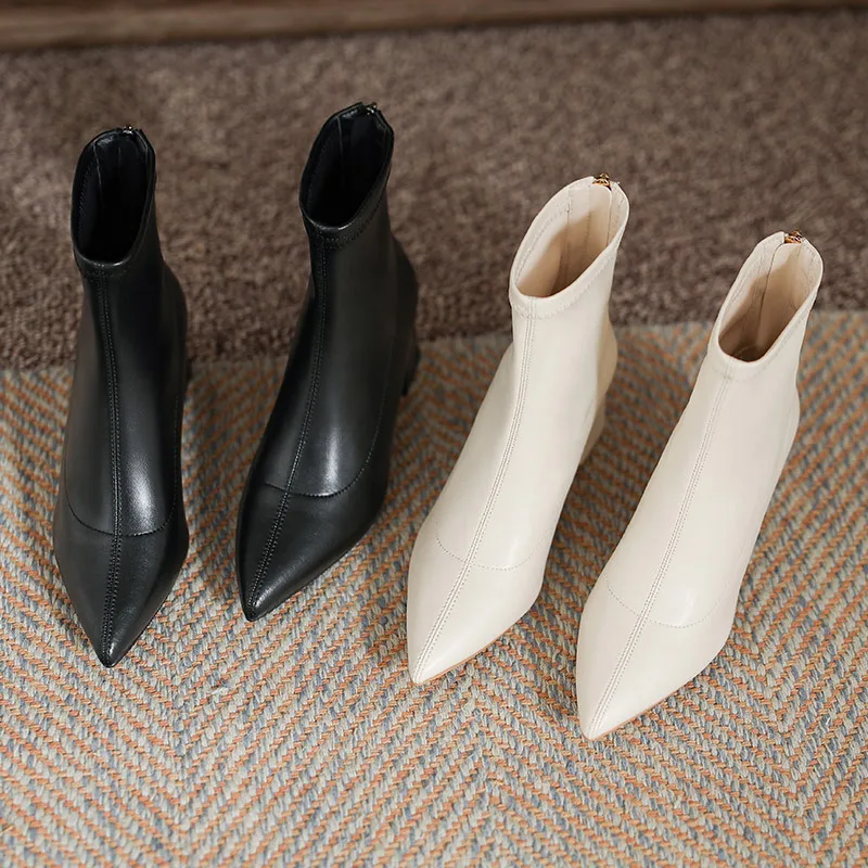 Botines de tacón alto de cuero para mujer, zapatos elegantes con cremallera trasera, diseño corto, Invierno