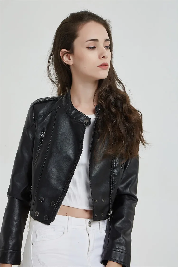 2024 New Spring Autumn Short Style Slim Rivet Black Leather Jacket Women Fashion Stand Collar Motorcycle Style PU Leather Jacket