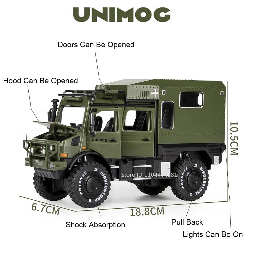 1:28 Unimog Motor Home U5000 Model Zabawka Odlewana Samochód Otwierane Drzwi z Dźwiękiem i Światłem Miniatury z Napędem Pull Back Zabawne Zabawki dla Dzieci