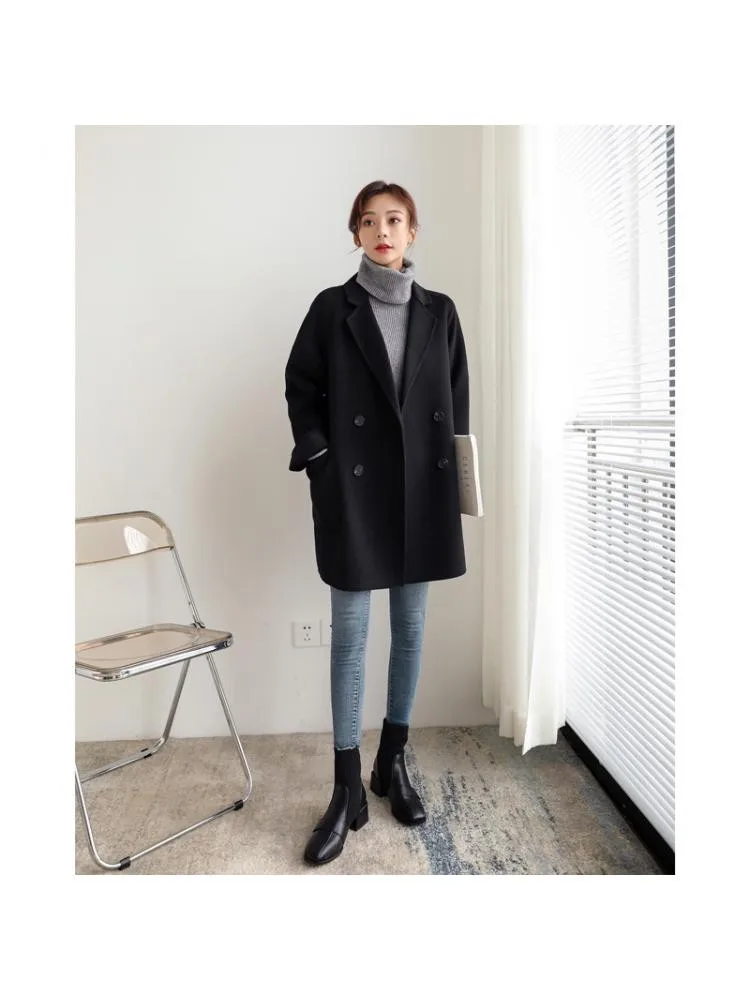 2022 Autumn Korean Style Double Breasted Simple Black 100% Wool Coat Women Long Loose Suit Woolen Overcoat Jacket