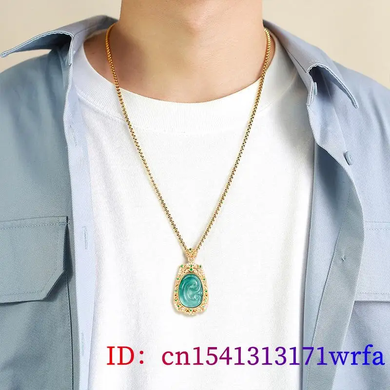 Collier pendentif Ruyi en jadéite bleue du Myanmar pour hommes, bijoux naturels, véritable birman, diversifier soigneusement, tour de cou ismans, pierre sculptée, plaqué or 18 carats