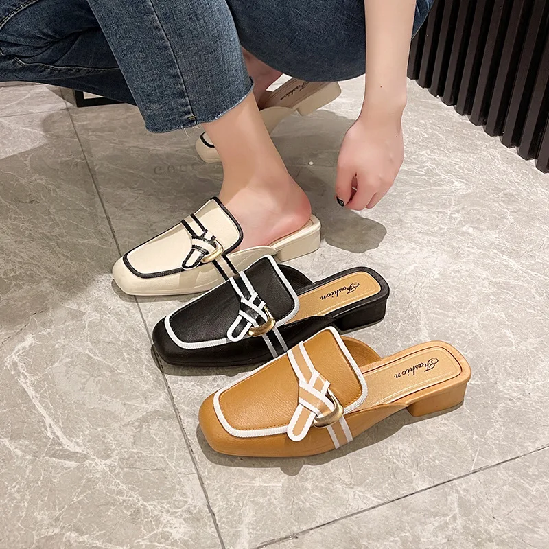 Women Baotou Half Slippers Summer New Fashion Soft Muller White Heel Korean Style Fashion Casual Black Slippers for Women