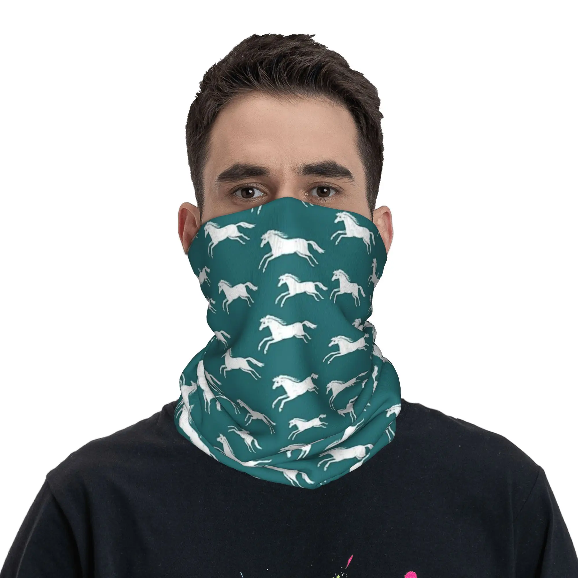 

White horses on teal Bandana Neck Gaiter Printed Mask Scarf Multi-use Cycling Scarf Running For Men Women Adult Windproof
