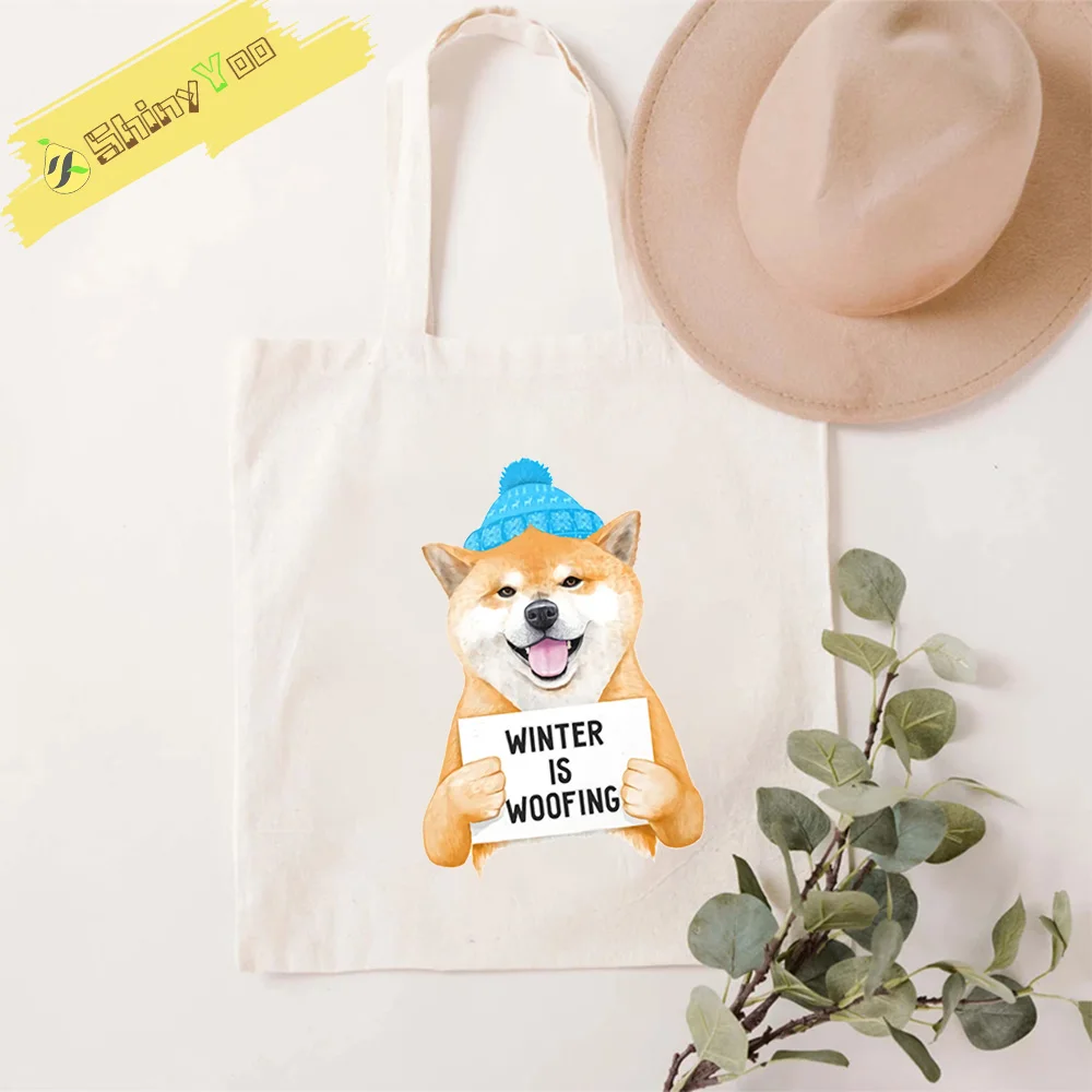 

Shiba Inu Printed Canvas Shoulder Bag Stylish Black/White Spacious Tote, Unisex Gift Bag for Dog Lovers, Work Commute Use