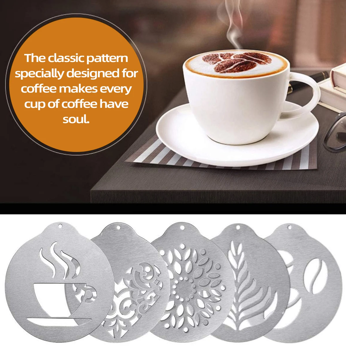 Leeseph 5Pcs Stainless Steel Coffee Decorating Stencils, Foam Latte Art Templates, Cappuccino Chocolate Templates Garland Mould