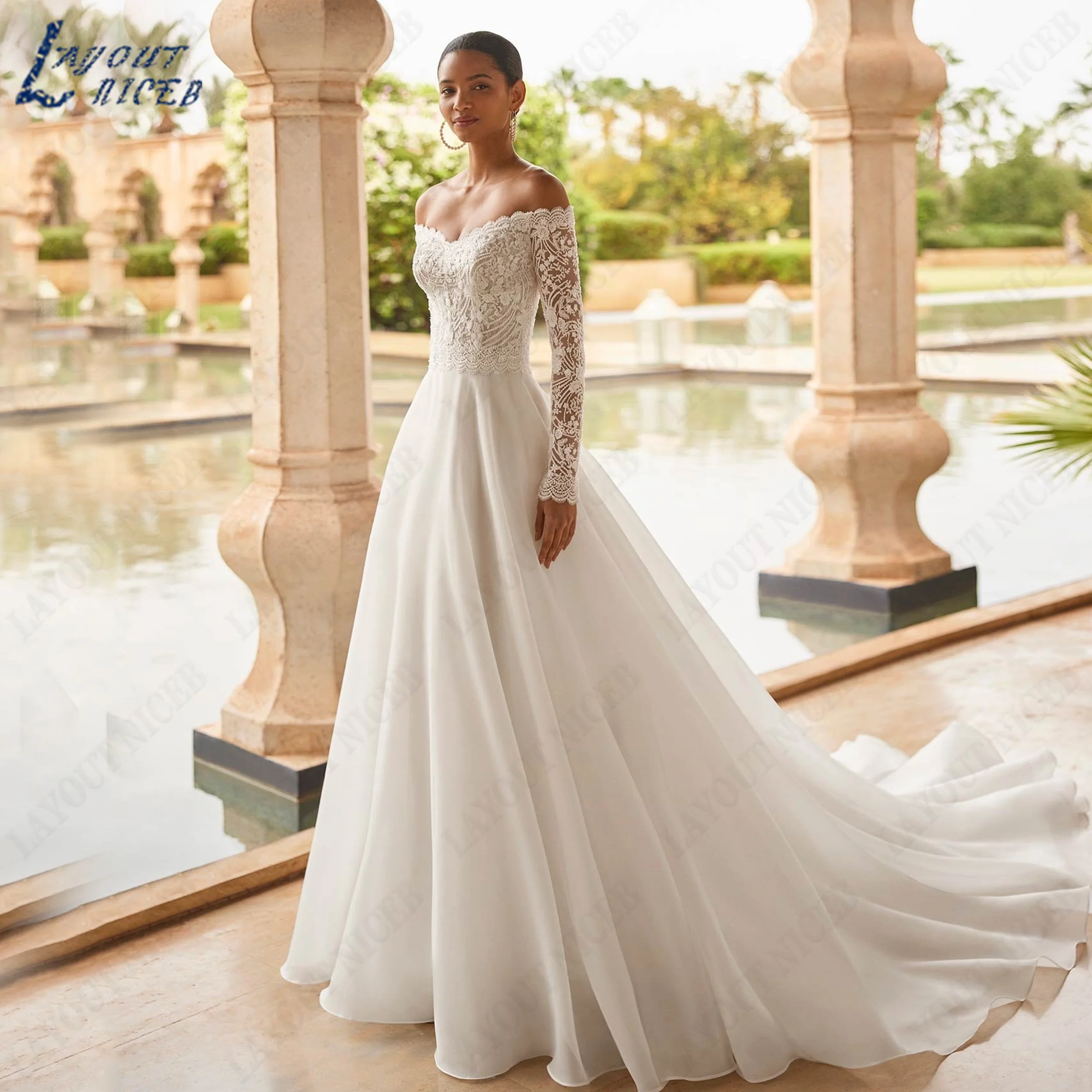 LAYOUT NICEB Customized A Line Chiffon Bridal Dress Off Shoulder Lace Wedding Gown Boat Neck Backless Bride Dresses For Women