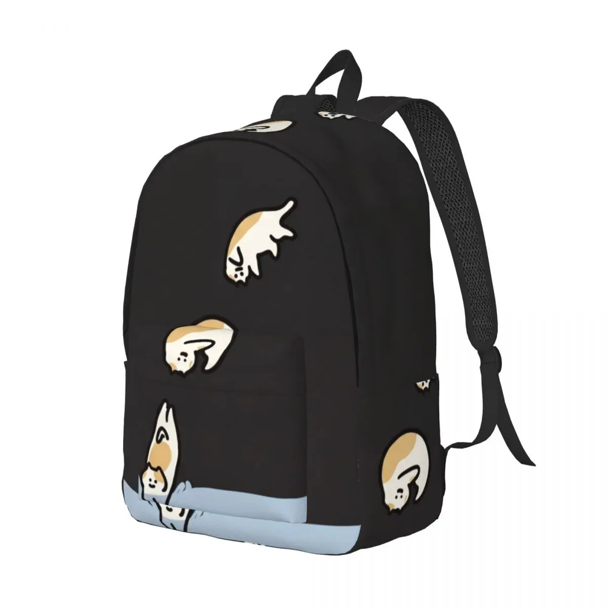 Dark Punk Printed Backpack Vertical Diving Cat Whimsical Illustration Black Blue White Fun Bookbag for Girls Boys Teens School