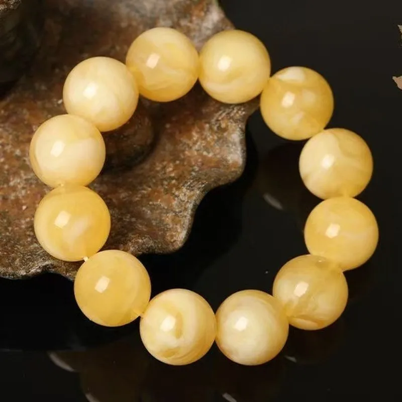 Gift Yellow Irregular Shape Bracelet Pendant, Second Generation Amber with White Flower Inclusions