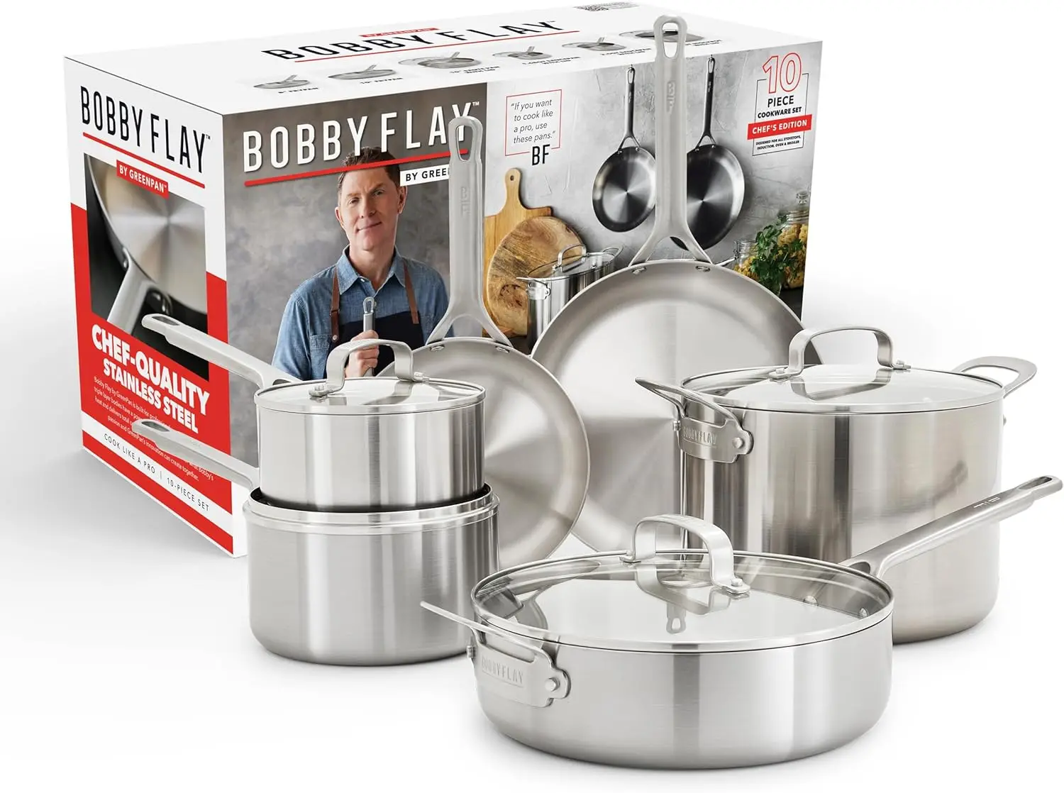 

10 Piece Stainless Steel Cookware Set, Tri-Ply Multiclad Pots & Pans, Professional Grade, Oven & Broiler Safe to 600°F, Dishwash