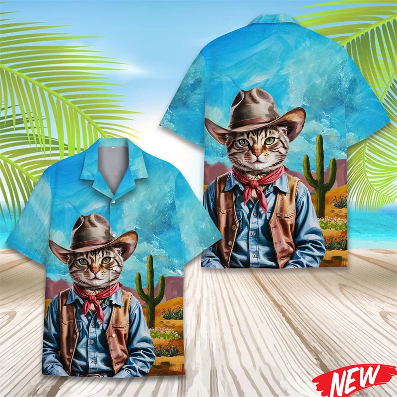 

Милая гавайская рубашка с 3D-принтом кошки для мужчин, новая модель с животным принтом, рубашка с отложным воротником, уличная пляжная рубашка оверсайз с коротким рукавом на пуговицах