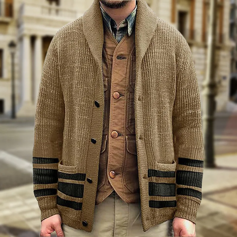 Men's thick and warm luxurious and fashionable British cardigan knitted sweater with lapel collar long sleeved top sweater jacke