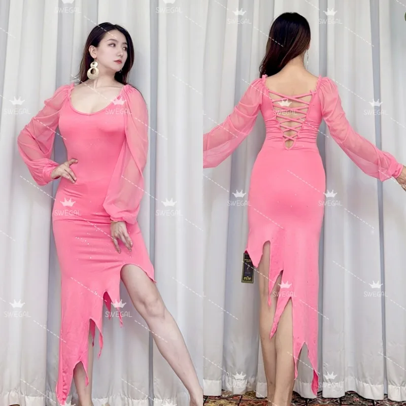 Customized Swegal Belly Dance Dress Sprinkle Silver Ice Silk Water Powder Hollow Out Backless Dress Bellydance Costumes