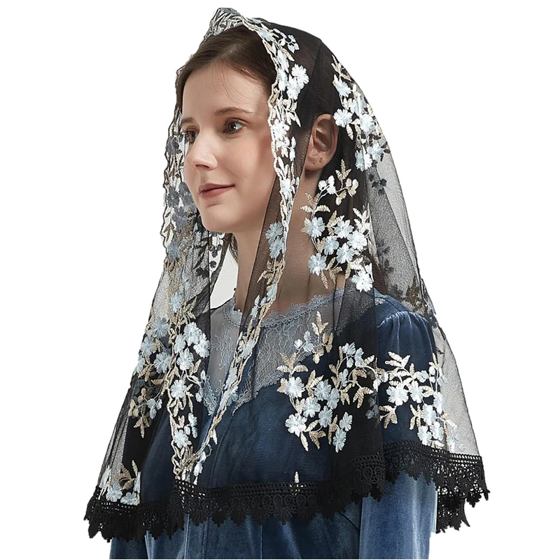 D Shape Mantilla Veils Catholic White Black White Tulle For Mass Church Head Covering Vintage Chapel Blue Embroidered Flowers