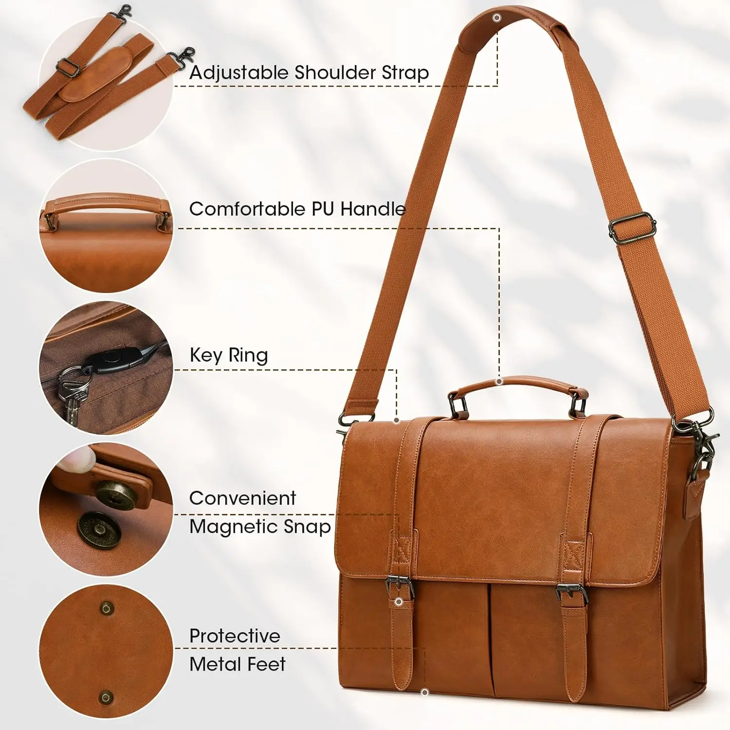 RAINSMORE Vintage Men Messenger Bag Waterproof Leather Briefcase Laptop Bag Large Capacity Satchel Business College Shoulder Bag