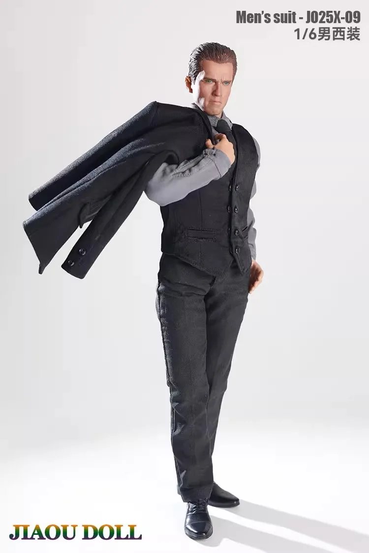 JO25X-09 1/6 scale Male Suit coat grey Shirt black tie Model Fit 12'' Strong Muscle Male Soldier Action Figure Body Doll