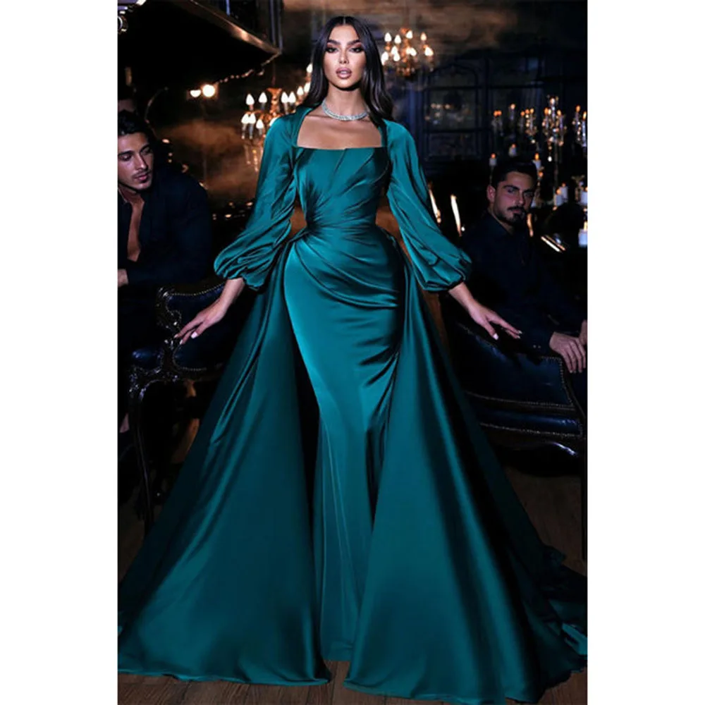 SoDigne Satin Meerjungfrau Abendkleider Mit Abnehmbaren Zug Saudi-arabien Lange Ärmeln Vintage Braut Prom Kleid Falten Celebrity Kleider