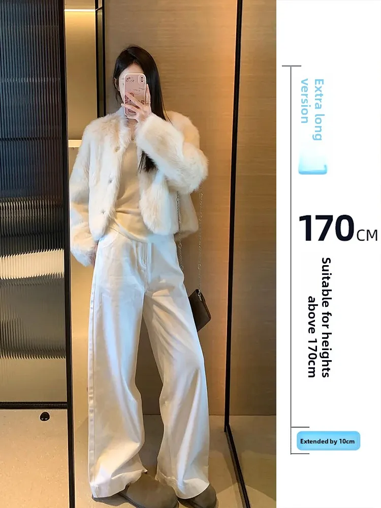 

High Waist Wide Leg Casual White Jeans Women's Autumn Winter Loose Fit Vintage Long Floor Length Pants American Simple Sle