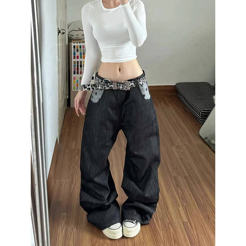YIBASHU Women Black Baggy Y2k Jeans American 2000s Style Japanese Star Splice Pants Vintage Harajuku Oversize Denim Trousers