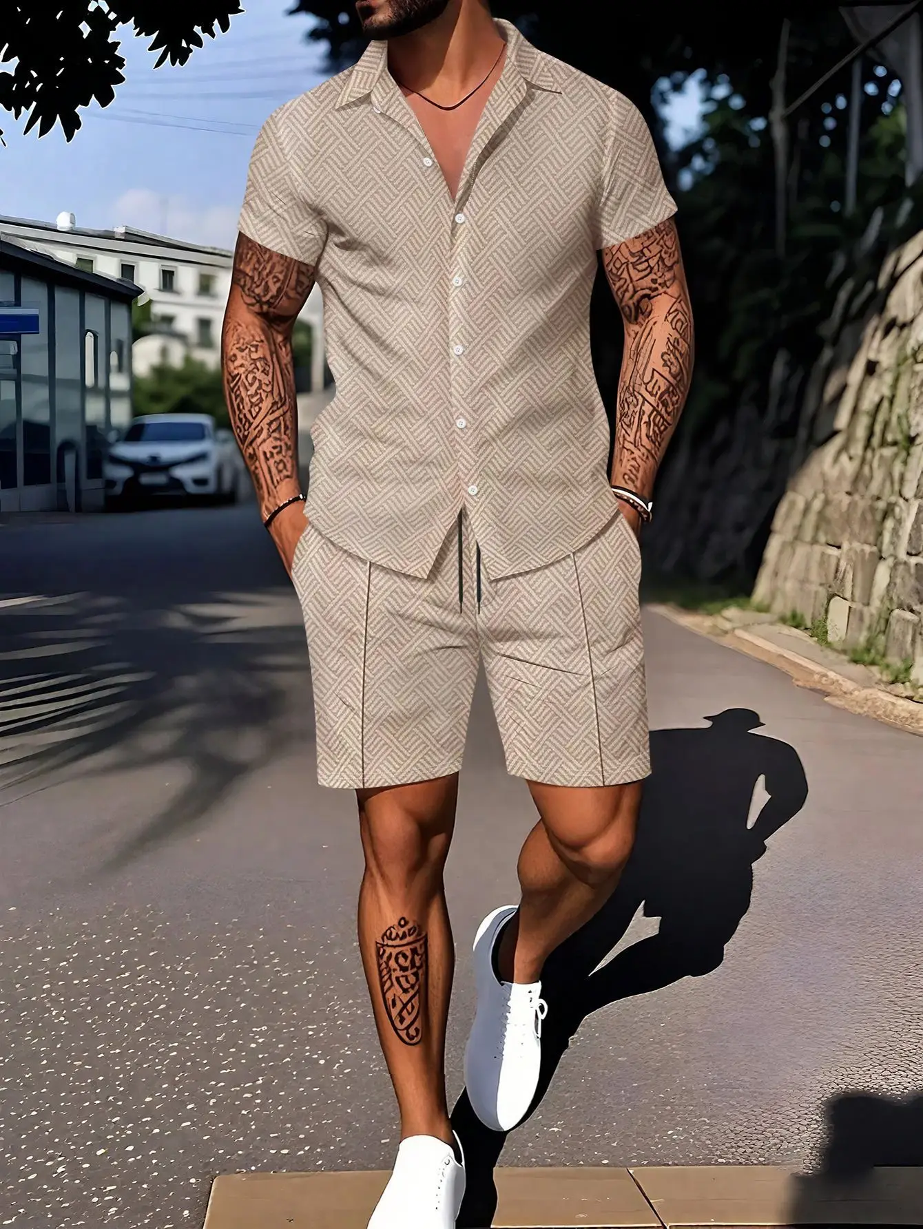 Men's Suit: Fashionable Printed Casual Solid-Color Cardigan, Lapel, Short-Sleeved Top, Pocket Drawstring, Light Shorts