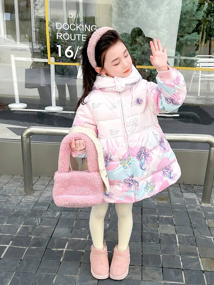 Meninas sereia para baixo jaet roupas de inverno das crianças 2025 novo doce dos desenhos animados thiened comprimento médio brilhante outerwear