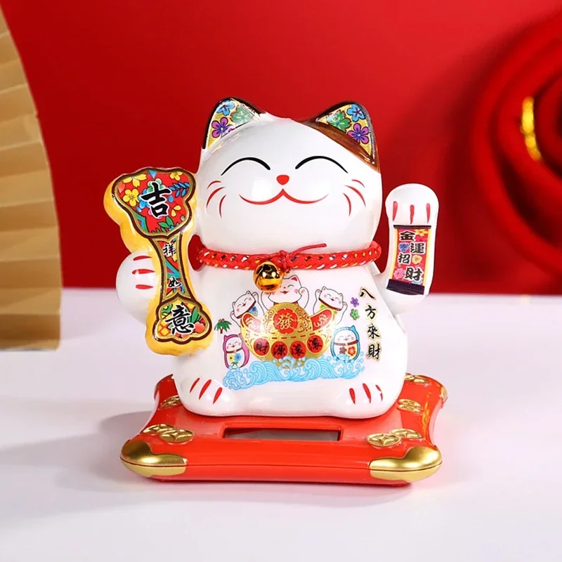 5.5 Inch Ceramic Maneki Neko Statue Solar Powered Beckoning Cat Waving Hand Lucky Cat Ornament Car Desktop Decoration Kitten