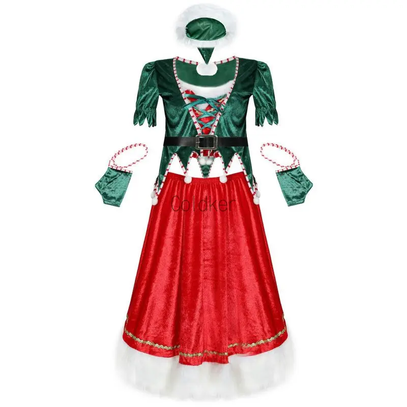 

2024 New Year Women Christmas Elf Cosplay Costume Dress With Hat Sock Elf Costume for Women Holiday Fancy Dress