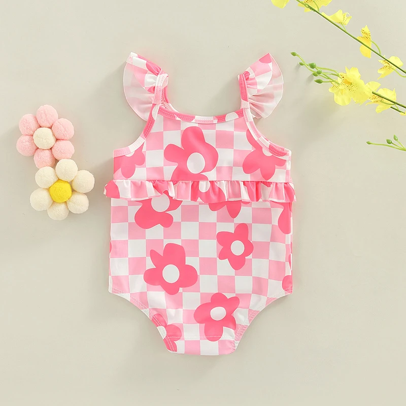 Baby Girls Swimsuit Bodysuits Infant Floral Print Plaid Long Sleeve Rush Guard Bikini Zipper Front Swimwear Bathing Suit