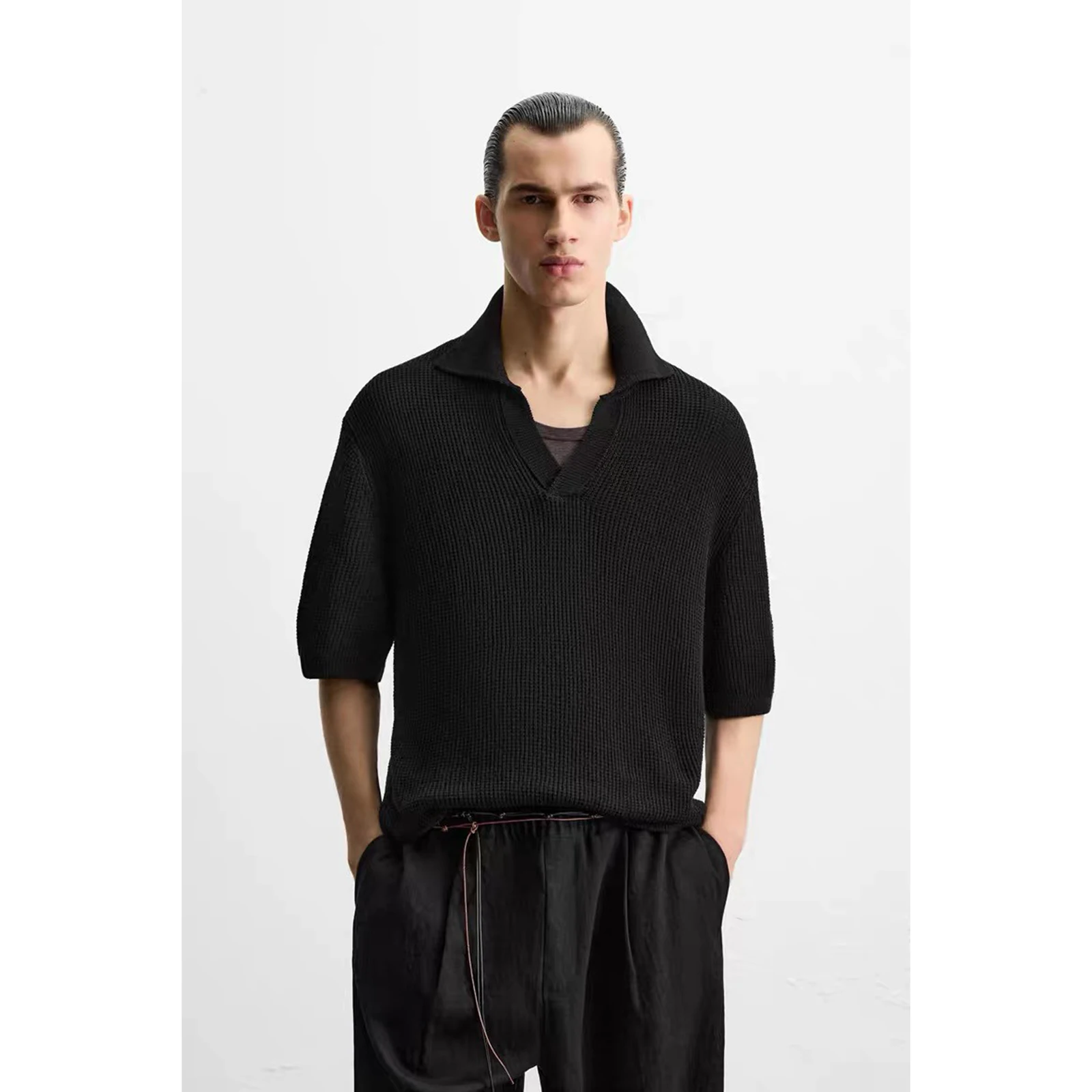 

Новинка 2025, мужские трикотажные прямые ноги ort Sve irt, летнее новое поступление, текстурированные, облегающие, повседневные, молодежные, тонкие