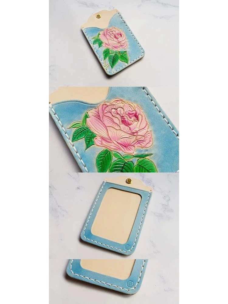 Handmade leather leather carving pure hand-dyed flower lettering, passport contractor card Delicate custom leather bag