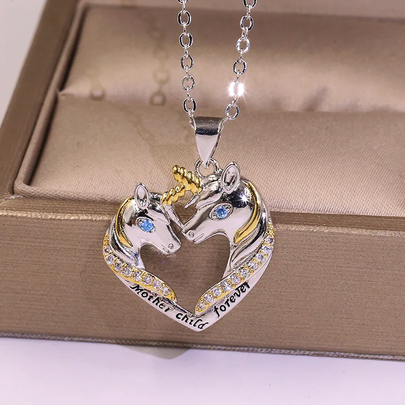 

2022 NEW Mother Child Forever Letter Unicorn Heart Crystal Pendant Necklace For Women Teen Girl Gift Silver Color Chain Jewelry