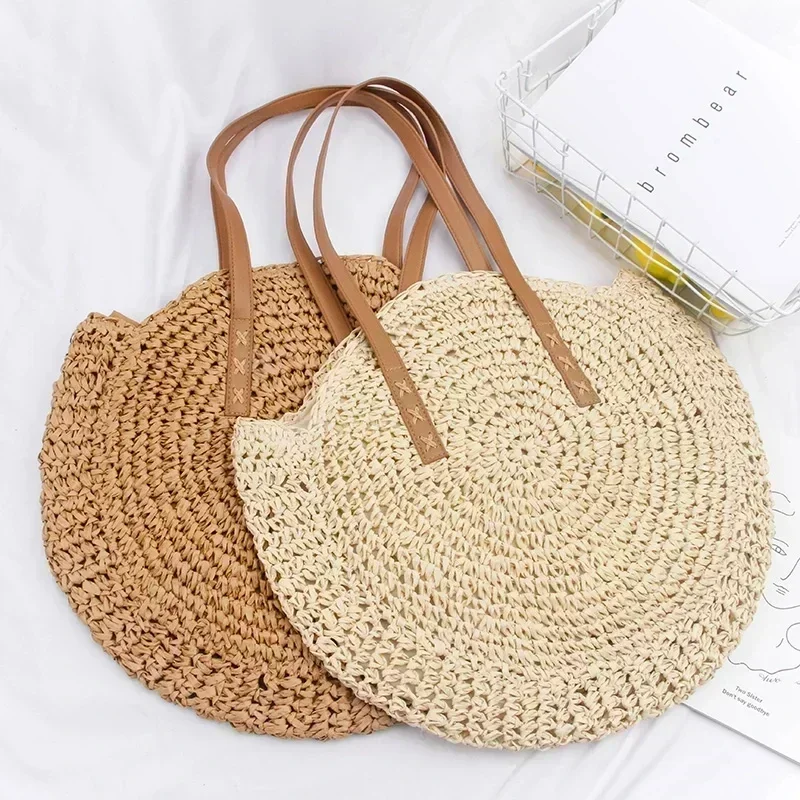 VCW1 Neue Böhmische Sommer Urlaub Casual Taschen Runde Stroh Strand Tasche Vintage Handarbeit Gewebt