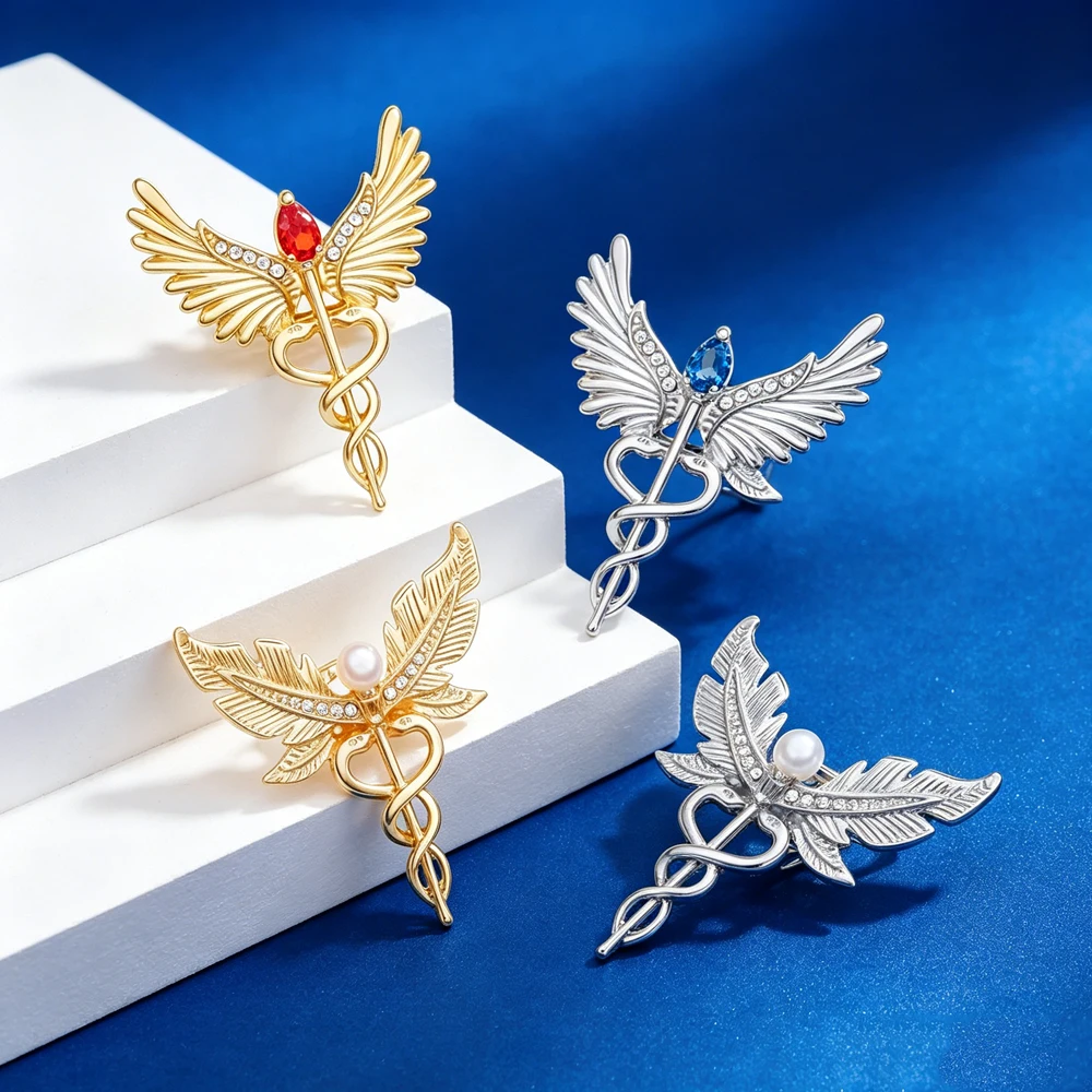 Medical Wing Shaped Scepter Brooch with Crystal And Pearl Inlay of Twin Snakes Backpack Clothing Decor Nursing Jewelry Gift