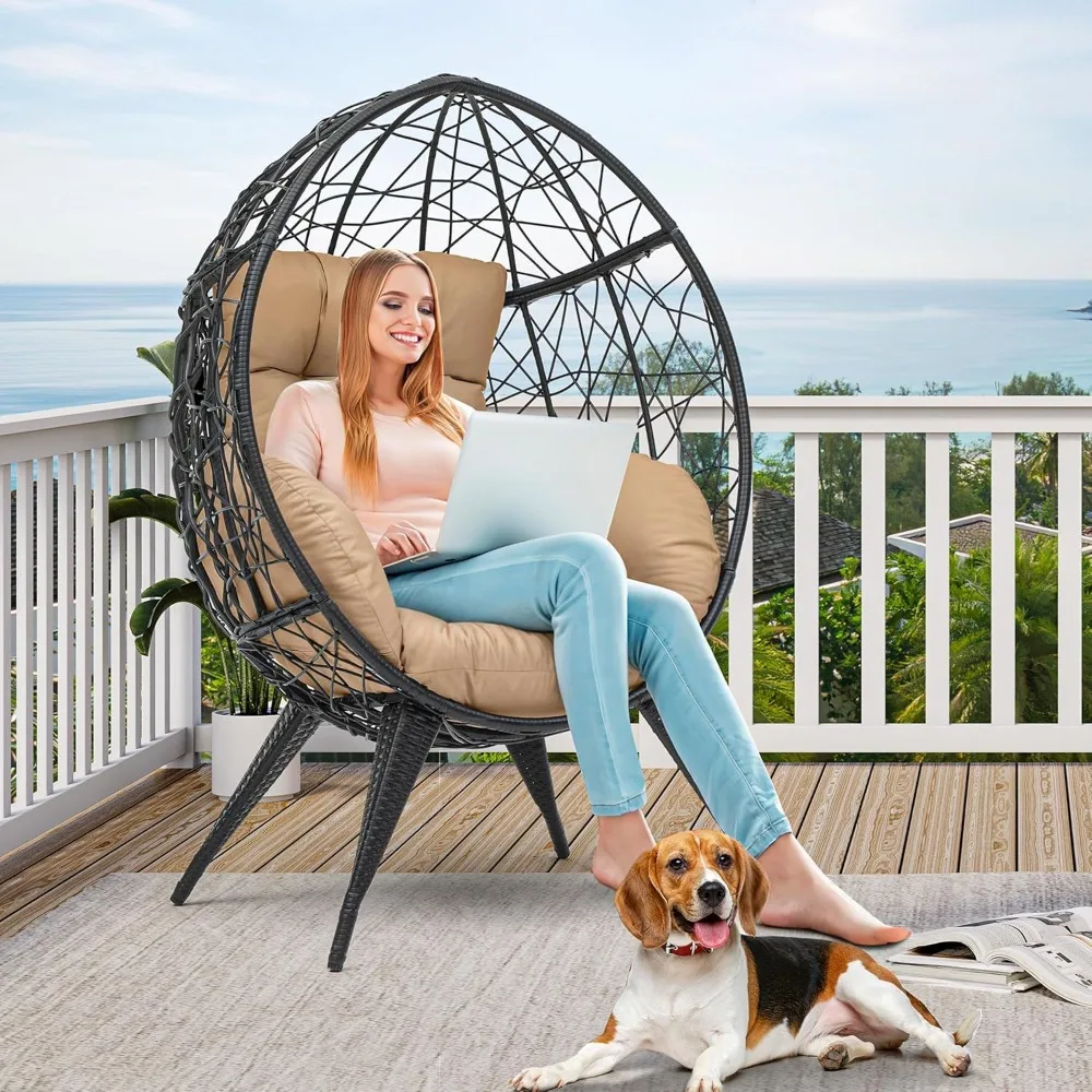 

Large Wicker Egg Chair with Stand for Indoor and Outdoor, Cushion, and Adjustable Leveling Feet, Large Lounger for Garden, Patio