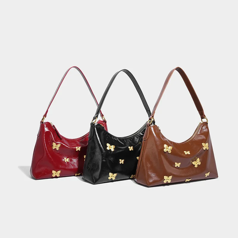 

Vintage Butterfly Niche Large Capacity Totes for Women Popular Red Ladies Lunch Handbags Soft PU Leather Shoulder Bag Women