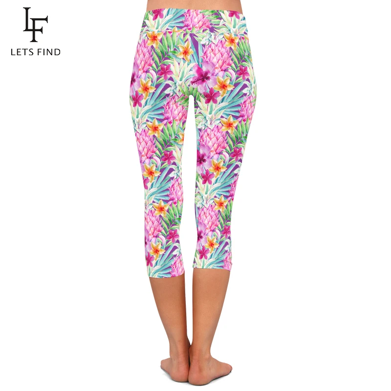 LETSFIND Summer Style Beautiful Flowers Digital Printing Fitness Capri Legggings High Waist  Mid-Calf 3/4 Leggings