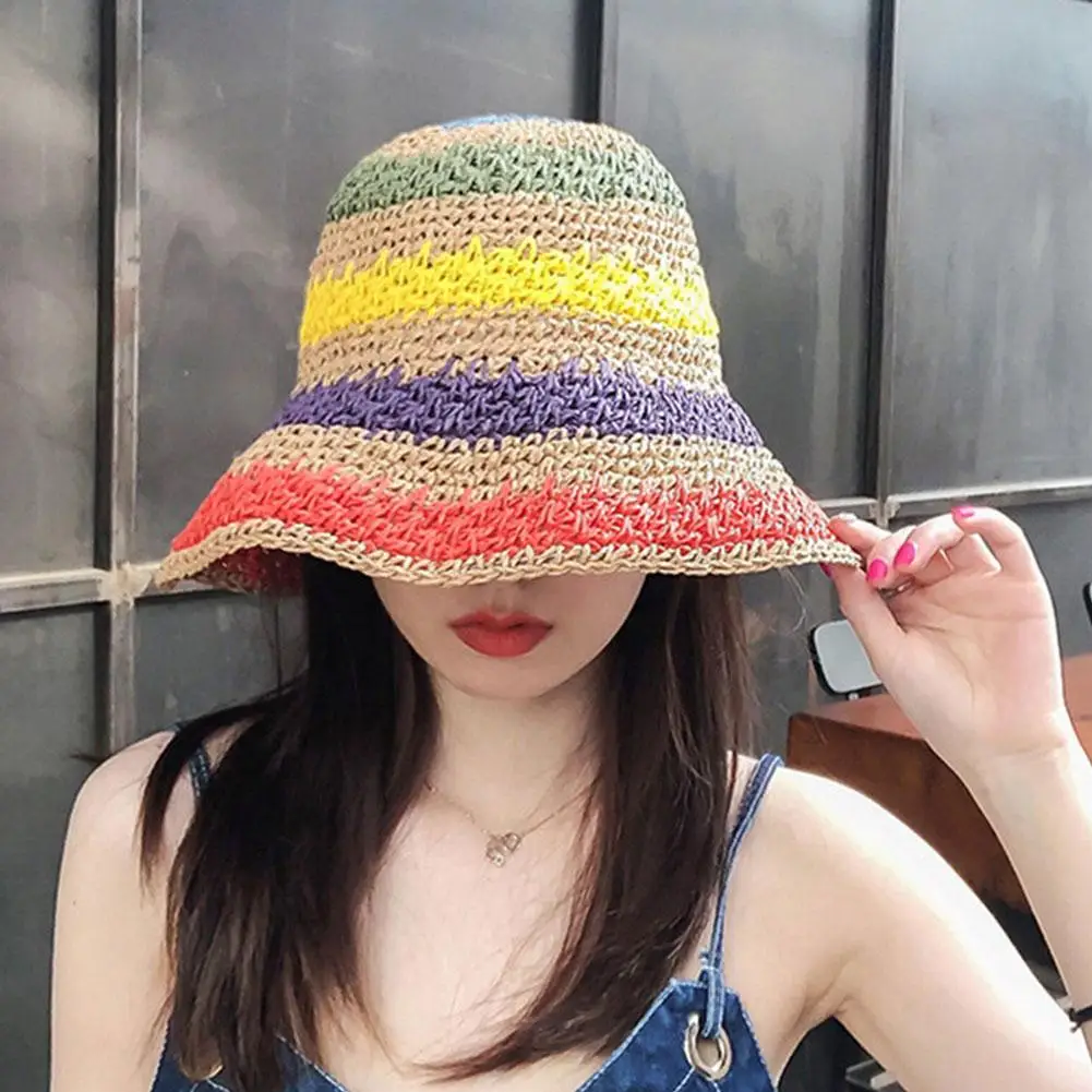 New Popular Summer Beach Bucket Hat Cap For Women Crochet Straw Rainbow Spring Fish Hat Outdoor Female Lady Gift Wholesales