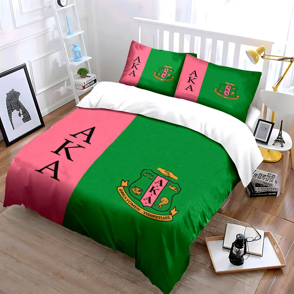 AKA Pink Green Split Coat Of Arms Duvet Cover Set, Sorority Greek Letter Bedding Includes 1 Duvet Cover And 2 Pillowcase, Gift