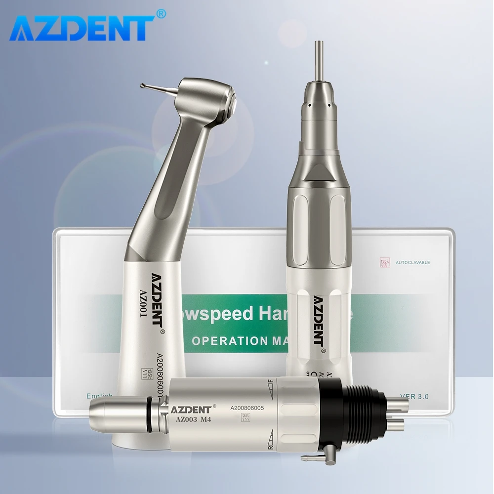 AZDENTDental Low Speed Handpiece Kit  Air Motor Push Button Contra Angle Straight Handpiece External Water Spray